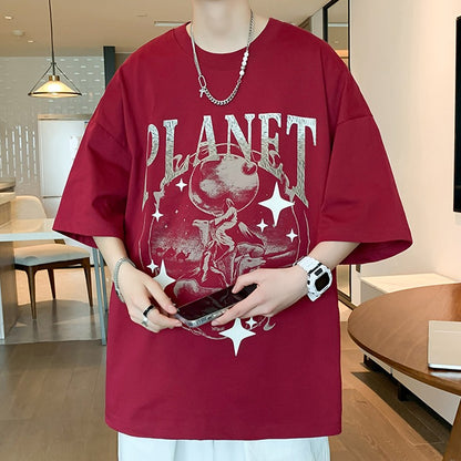 Red round neck casual tops breathable loose fit T-shirt