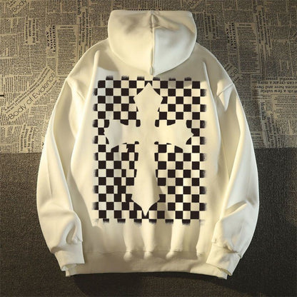 100% cotton unisex checkerboard cross hoodies felpa croce scacchiera