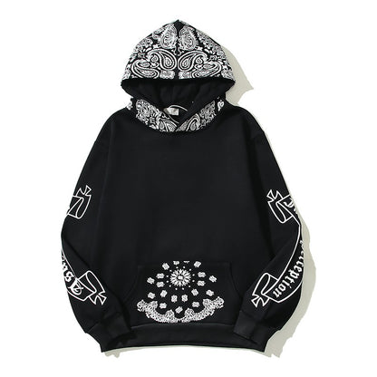 Over printed unisex cashew flower splicing hoodie loose casual fit