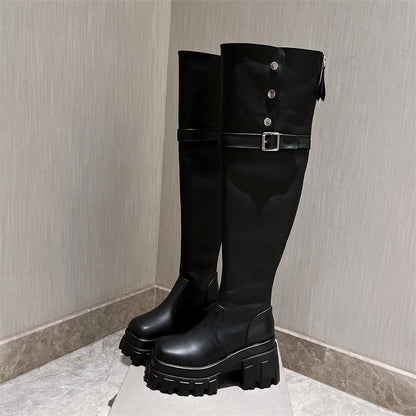 Elastic leather skinny boots thick heels, high heels shoe