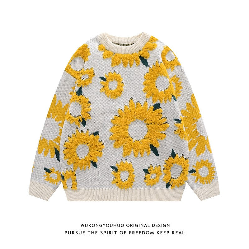 Maglione girocollo con stampa di girasole alla moda, da uomo, in maglia, da strada, ampio, da coppia