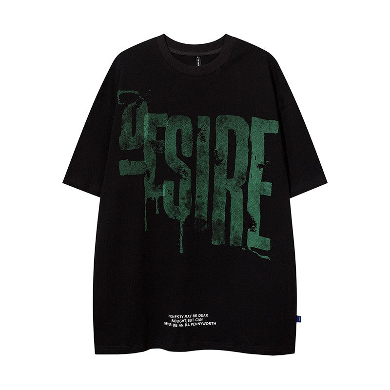 Dark green graphic unisex letter print T-shirt loose fit