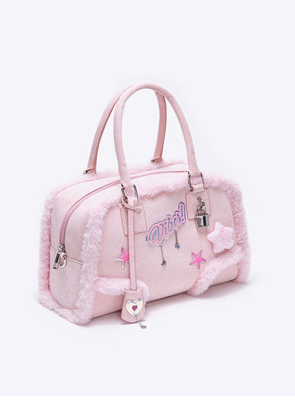 Pink Pendant Boston Plush Handheld Crossbody Bag