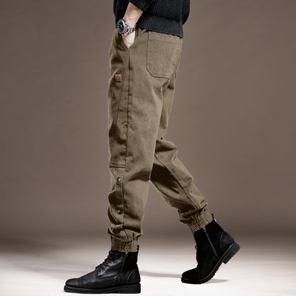 Black men jeans heavyweight cotton autumn outdoor cuffed black casual pants trousers