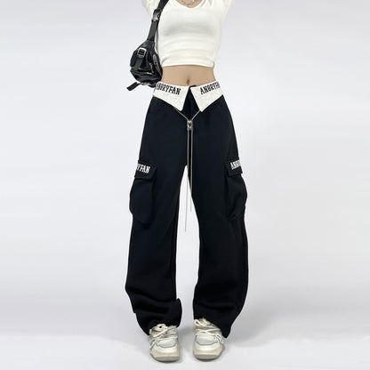 Turn-over Metal Straight Overalls Street Casual Pants