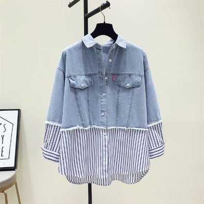 Cutting counter striped denim shirt women's loose top