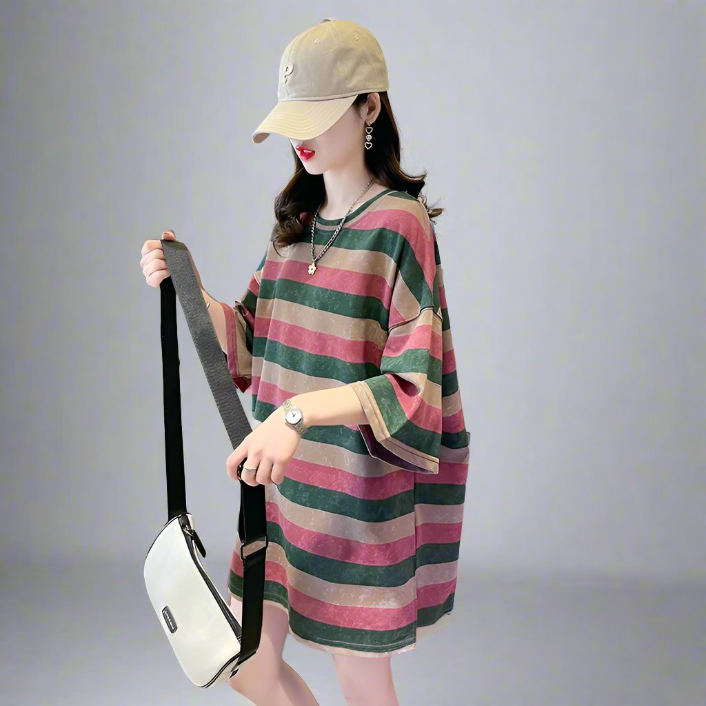 Striped green pink short-sleeved T-shirt women oversize top