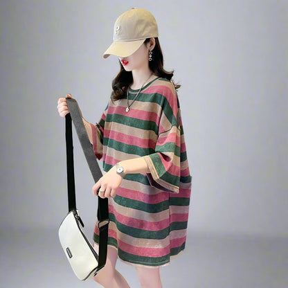 Striped green pink short-sleeved T-shirt women oversize top