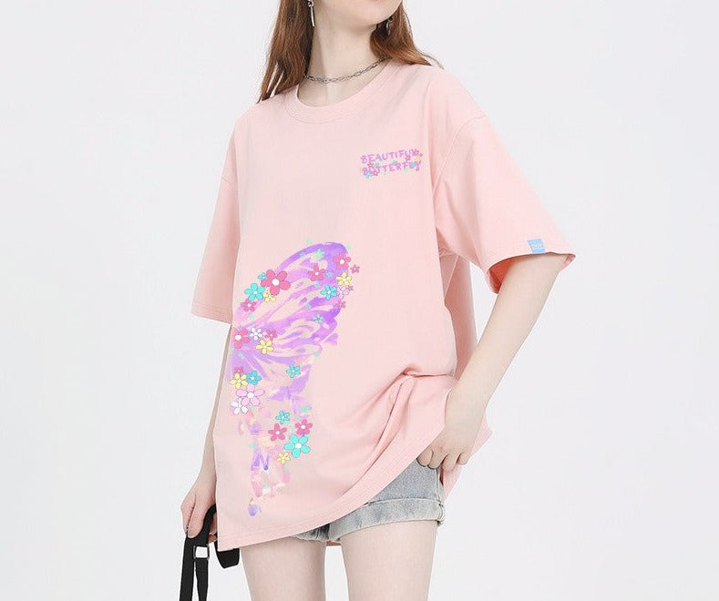 Butterfly print t-shirt for women loose half sleeve trendy