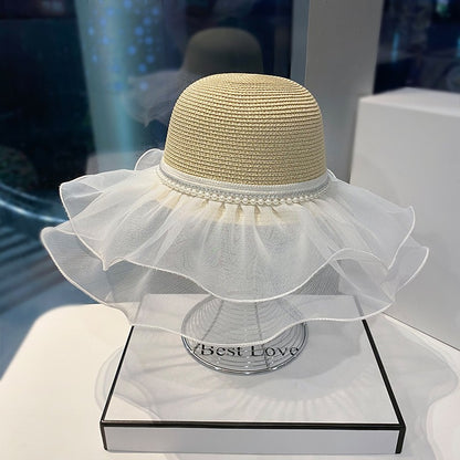 women pearl lace with large brim, Summer outing elegant straw hat sun hat for children