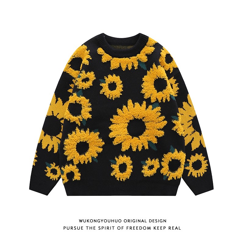 Maglione girocollo con stampa di girasole alla moda, da uomo, in maglia, da strada, ampio, da coppia