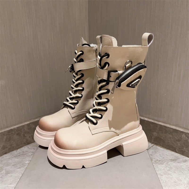 Bag Motorcycle Boots Mid tube Boots Strap Women's Shoes