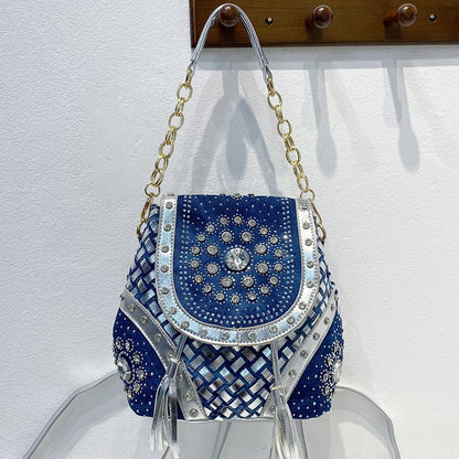 Denim diamond woven backpack single shoulder crossbody hand chain bag