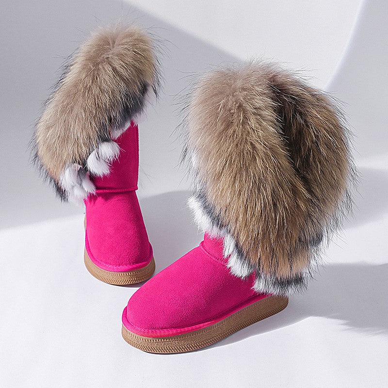 Fur fox fur thick-soled snow boots with inner heightening high-calf boots genuine leather