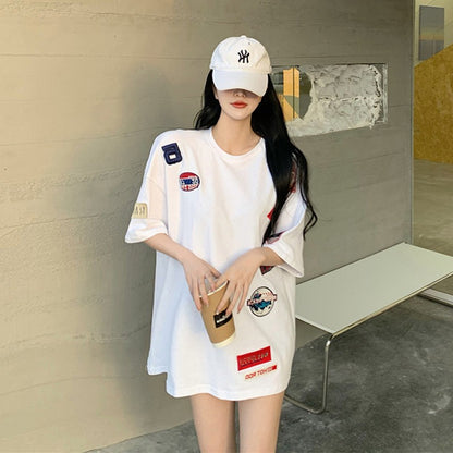 White oversize pure cotton t-shirt women summer medium-length top