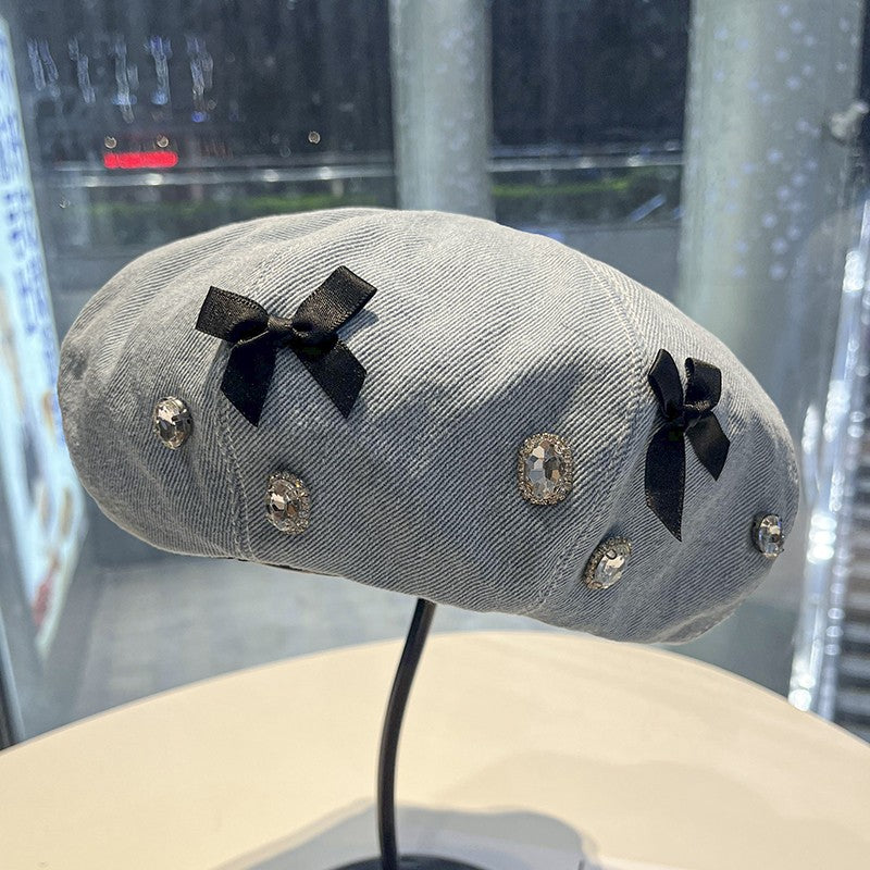 Denim literary rhinestone bow beret women's hat