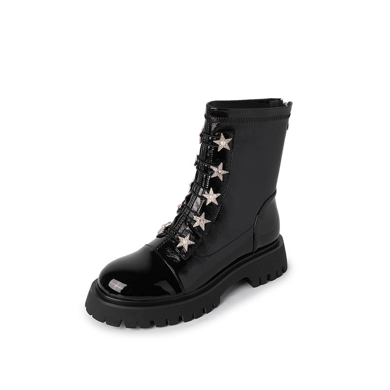 Thick-soled boots for women patent leather star rhinestone boots