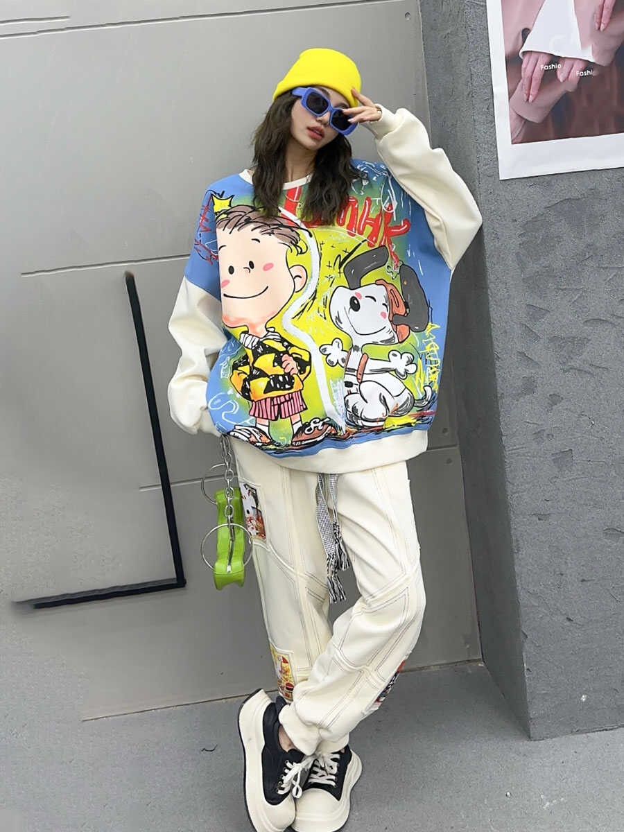 Open stitching sweatpants graffiti sweatshirt two-piece set