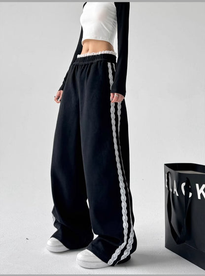 Gray sweatpants women high waist splicing drape slim sports wide-leg