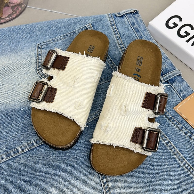 Denim Slippers Cork Boken Slippers for Women's Outwear Thick Sole Summer shoe