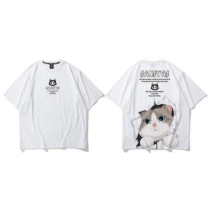 T-shirt with a cute cat print oversize unisex top for couples