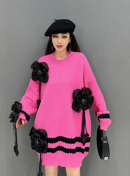 Women pink black flower mid length pullover knitted sweater