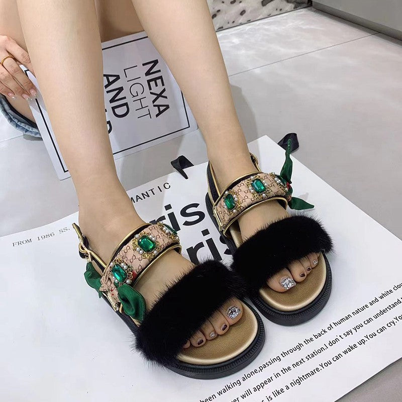 Women sandals silk water diamonds mink hair sandals for women