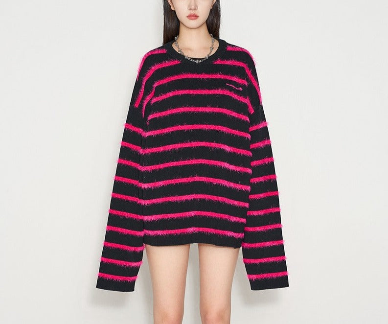 Pattern Design Round Neck Loose Contrast Color Sweater