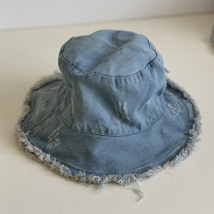 Rough edge denim fisherman hat for women's spring and summer outdoor sunshade hat