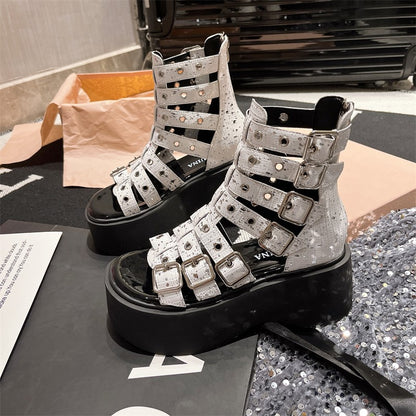 Open-toe rivet sandals for women summer Martin boots high-top catwalk sandals