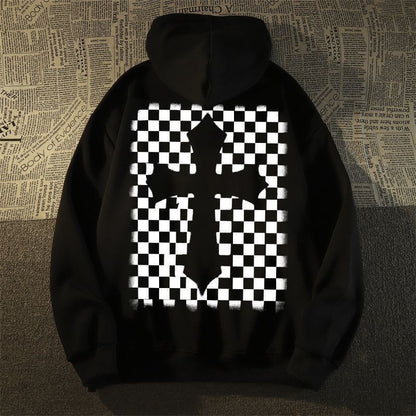 100% cotton unisex checkerboard cross hoodies felpa croce scacchiera