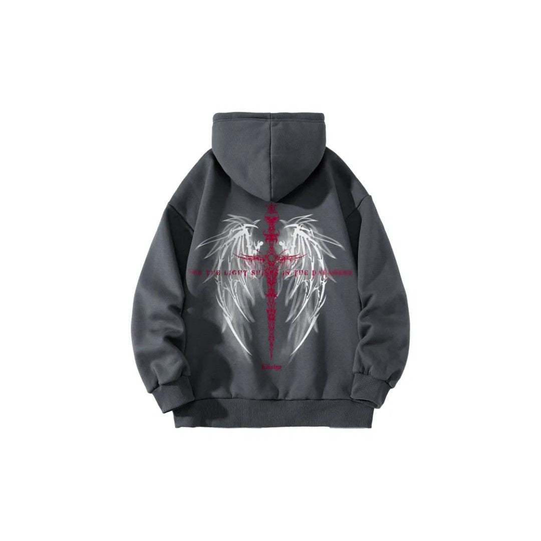 Dark magic sword wings pattern letter hoodies