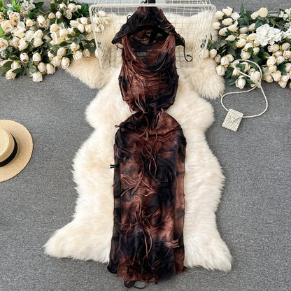 Asian hot girl style tie-dyed hooded sleeveless dress for women autumn and winter retro distressed tassel split pure desire long skirt