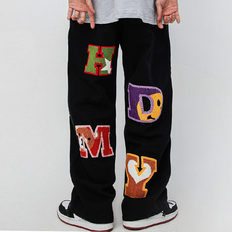 Flocking embroidered jeans men's wide-leg pants