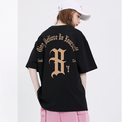 Brown oversize short-sleeved gothic letter t-shirt for women