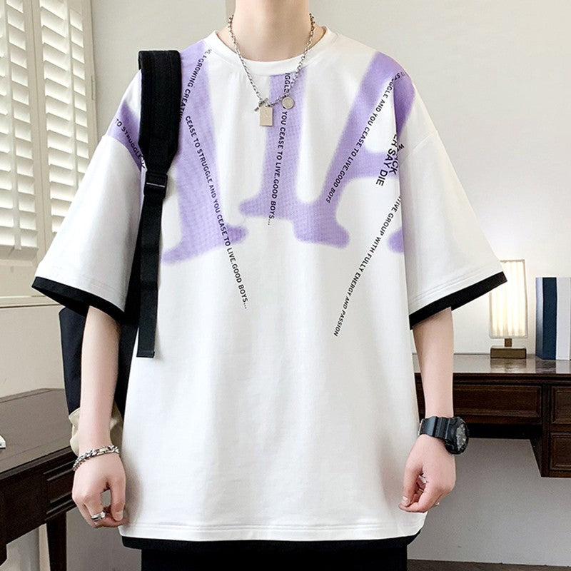 Semi two-piece round neck T-shirt men's loose tops