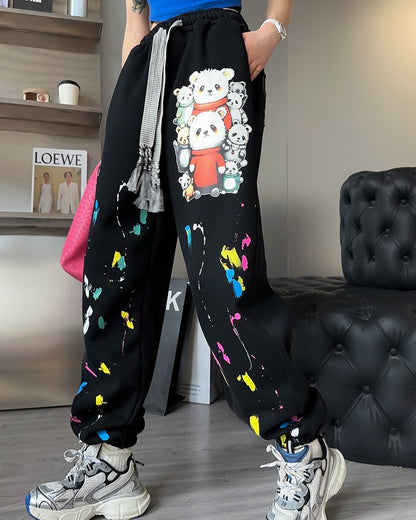 Cartoon printed drawstring leggings sweatpants for women