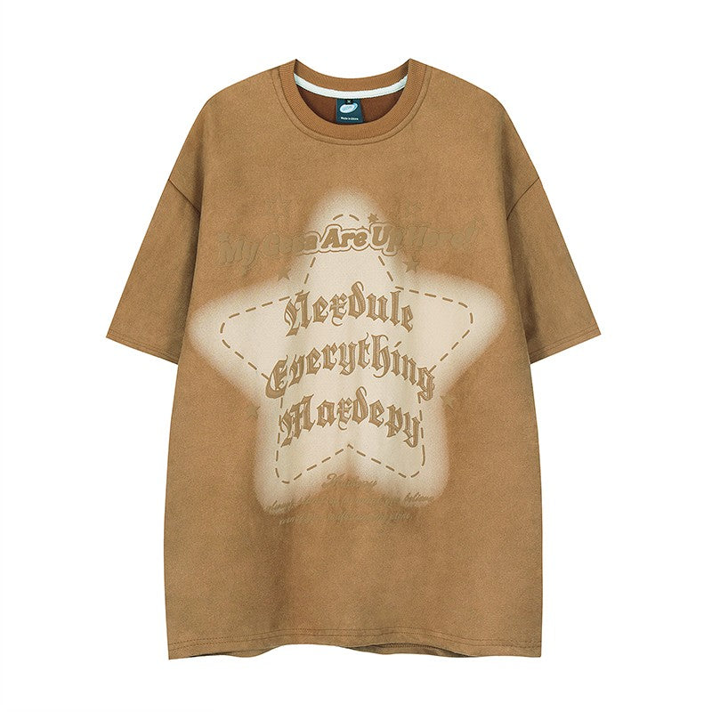 Letter printed star T-shirt casual versatile suede unisex top