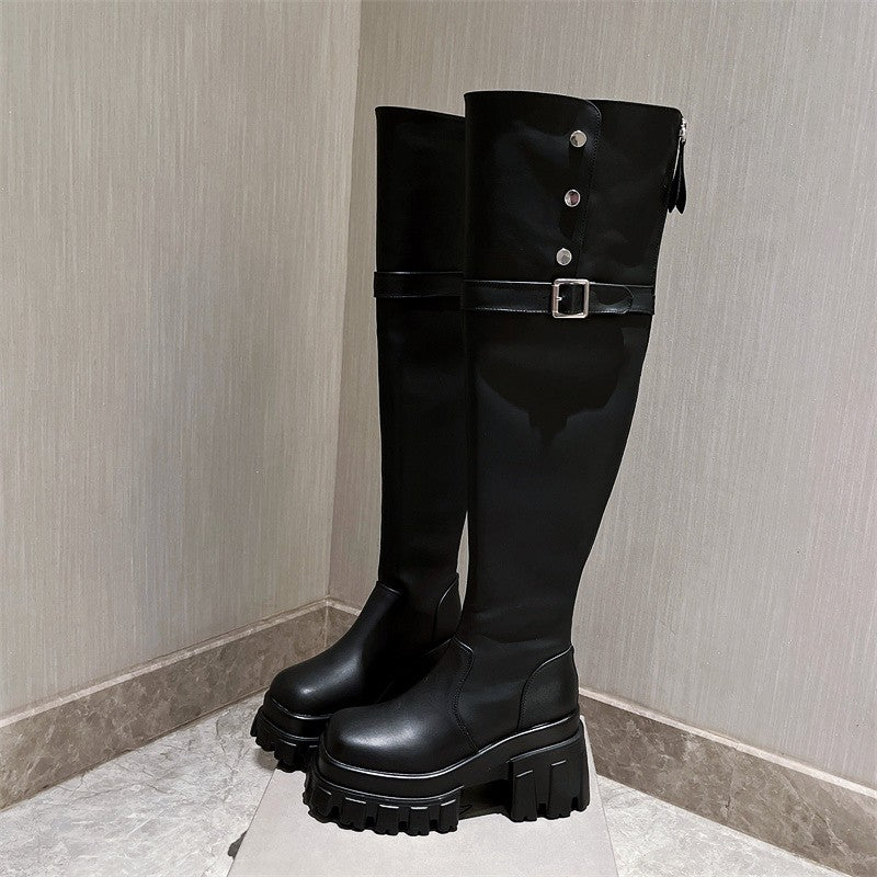 Leather shoe skinny boots, thick heels cotton boots