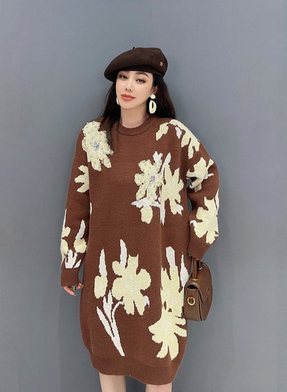 Flower knitted Sweater Mid-Length Dress Slimming Trendy