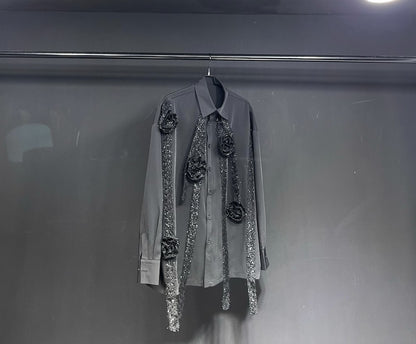 Crystal roses shining loose oversized shirt tops