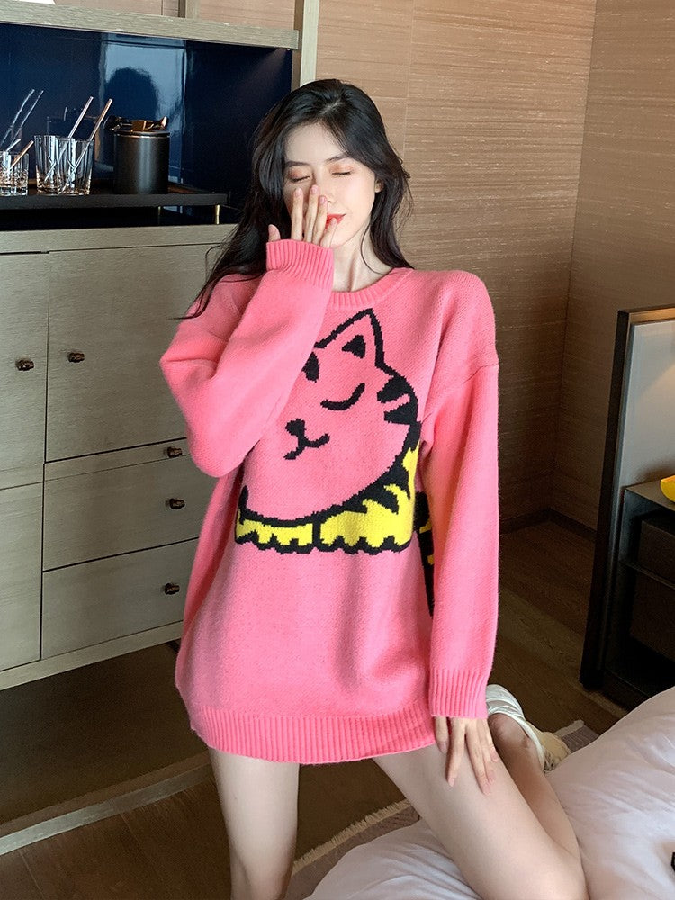 Cartoon pink cart sweater women loose fitting