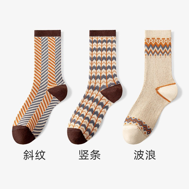 Catman socks women's mid-tube cotton socks autumn and winter ethnic style double needle long socks