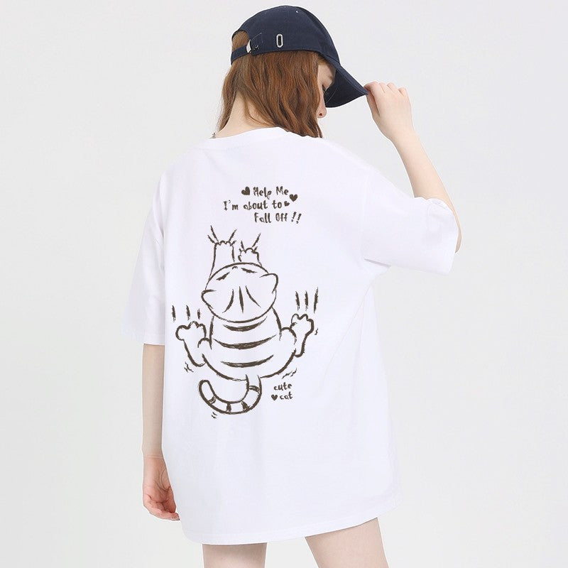 Cat print t-shirt loose fit short-sleeved coffee color pure cotton summer top