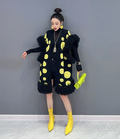 Women smiley face mesh vest knitted single-piece jacket