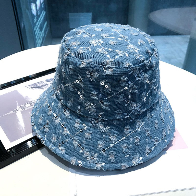 Bucket hat for women's sequin washed denim flower hat