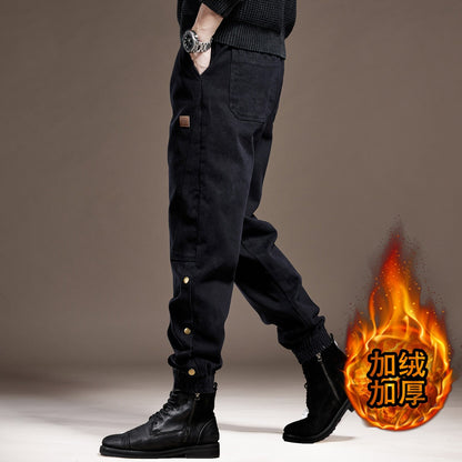 Black men jeans heavyweight cotton autumn outdoor cuffed black casual pants trousers