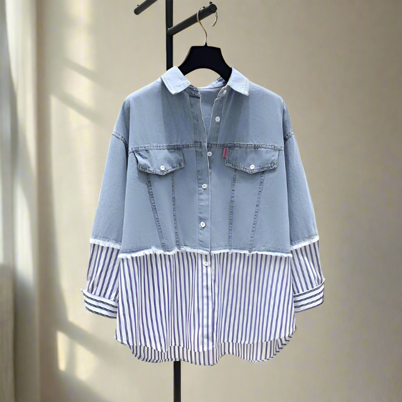 Cutting counter striped denim shirt women's loose top