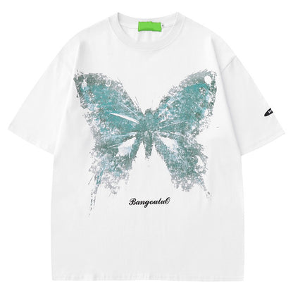 Hight street butterfly short-sleeved T-shirt unisex couple wear loose fit