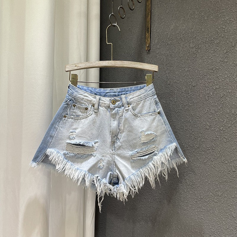 Gray high waist ripped tassel denim shorts women summer short